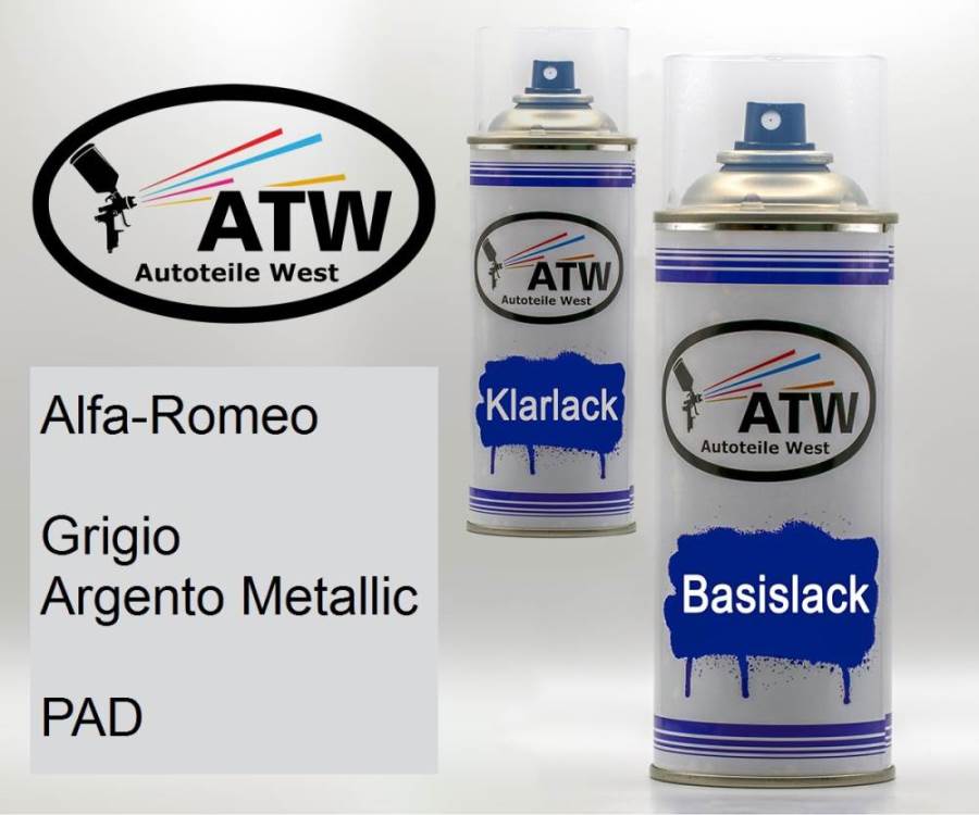 Alfa-Romeo, Grigio Argento Metallic, PAD: 400ml Sprühdose + 400ml Klarlack - Set, von ATW Autoteile West.